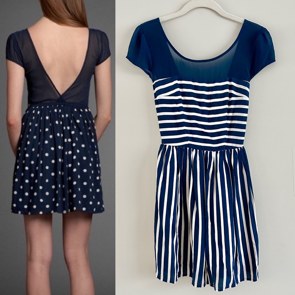 Abercrombie Sheer Plunge Navy and White Striped Mini Dress XS